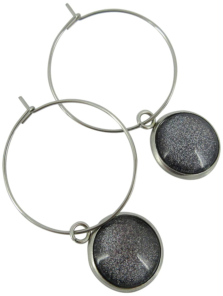 Stainless Steel Charcoal Gray Glitter Glass Charm Hoop Earrings Hand-painted 1"
