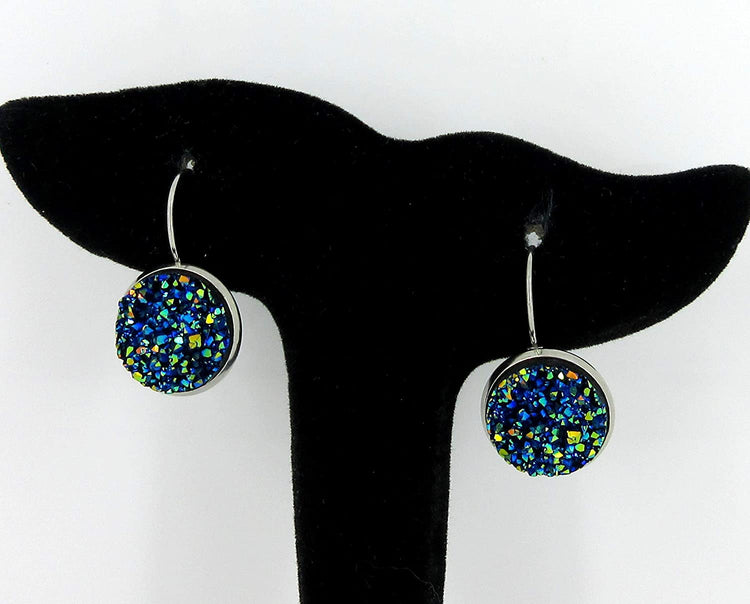Stainless Steel Faux Druzy Stone Lever-back Drop Earrings 14mm
