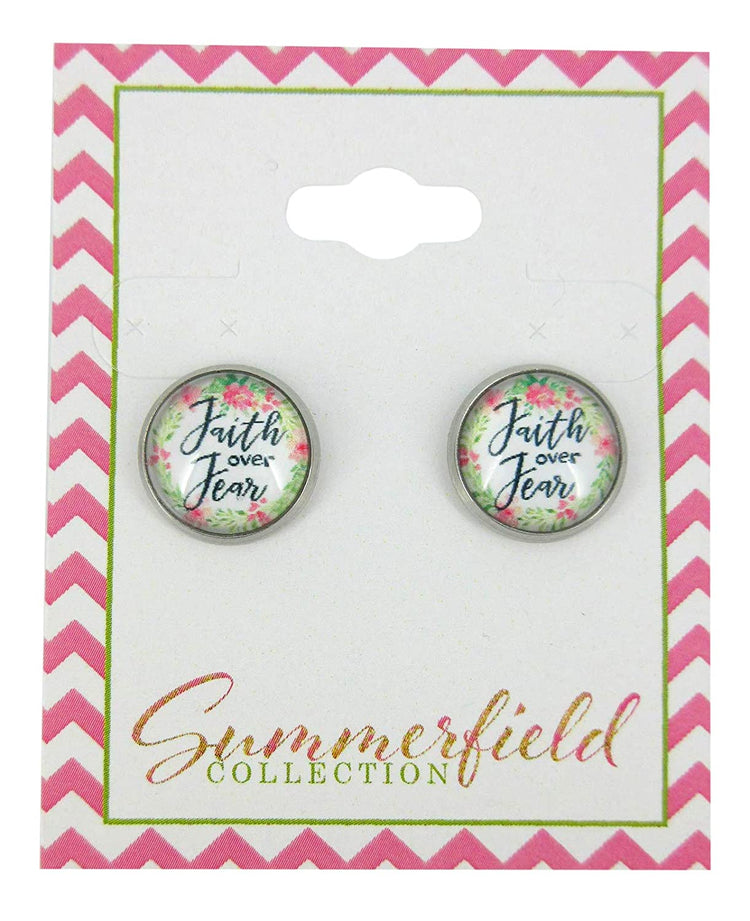 Stainless Steel Faith Over Fear Print Glass Stud Earrings 12mm