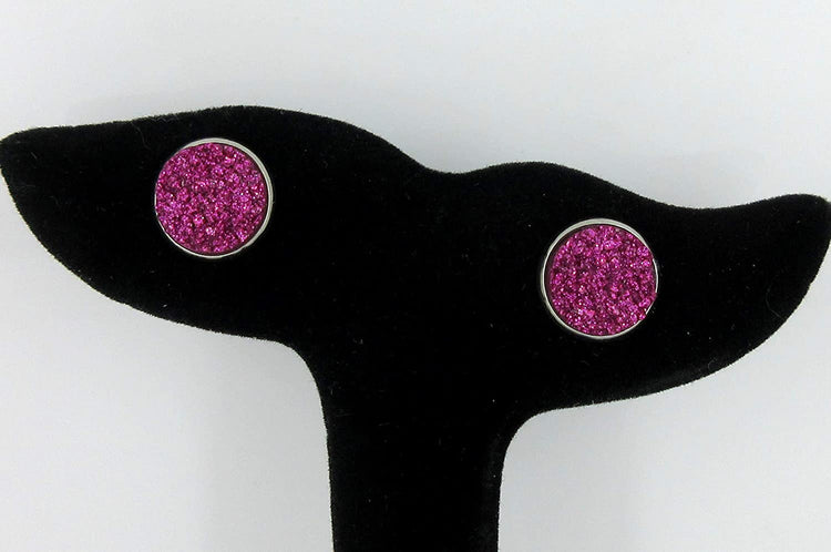 Stainless Steel Pink and Purple Glitter Faux Druzy Stone Stud Trio Earrings Set