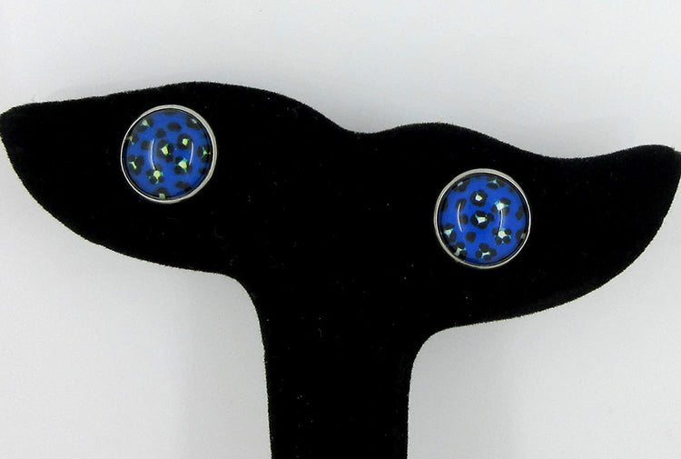 Stainless Steel Royal Blue Animal Print Glass Stud Earrings 12mm