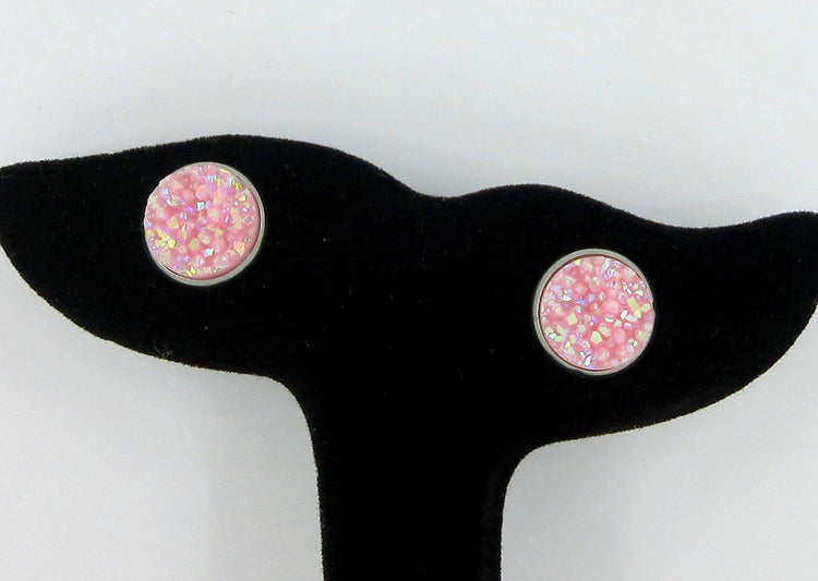 Duo Stud Earrings Stainless Steel Pink and Blue AB Faux Druzy Stone 12mm Set