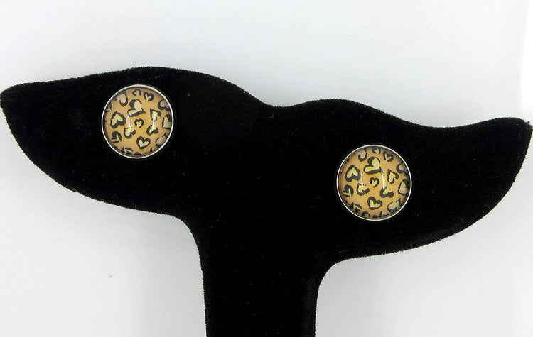 Stainless Steel Heart Cheetah Animal Print Glass Stud Earrings 12mm Black Brown