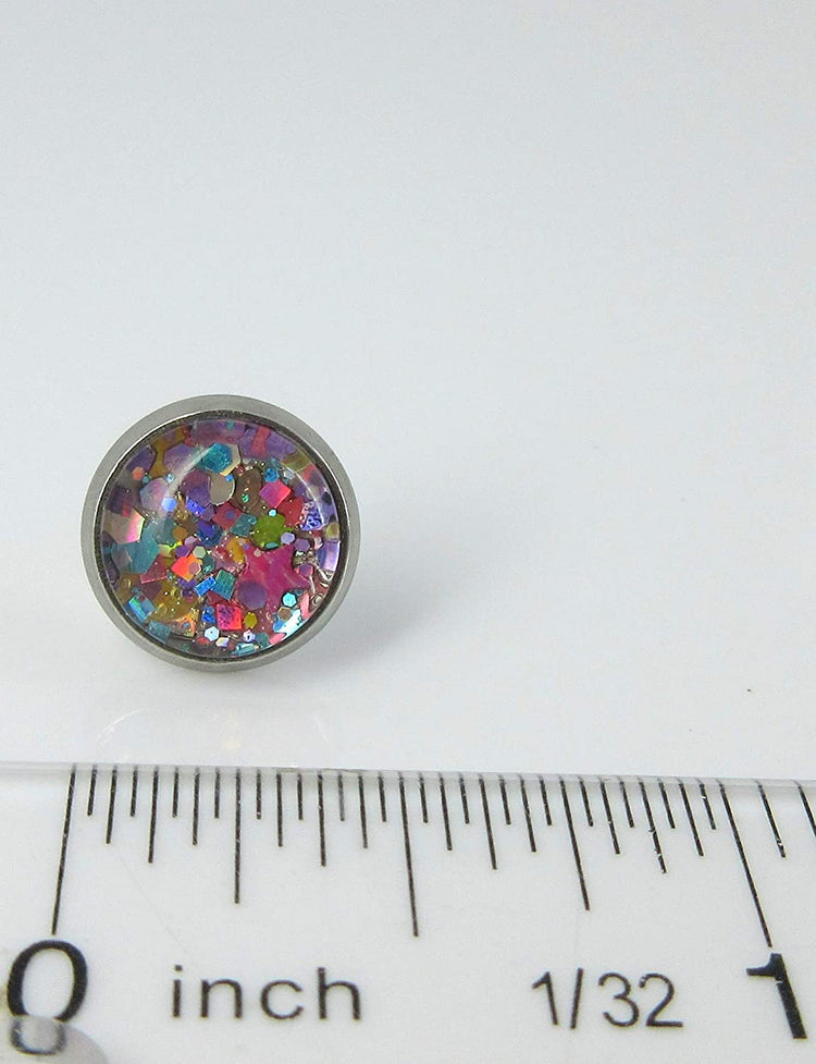 Stainless Steel Metallic Pastel Glitter Glass Stud Earrings Hand-painted 10mm