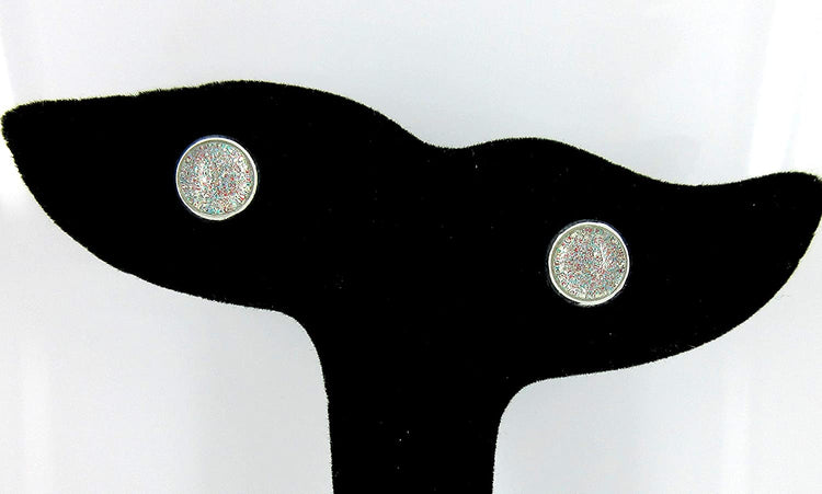 Silver-tone Aqua Blue and Red and Holographic Glitter Glass Stud Earrings Hand-painted 8mm