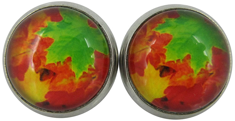 Stainless Steel Fall Leaves Green Orange Yellow Print Glass Stud Earrings 12mm