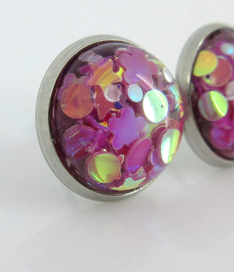 Stainless Steel Glitter Resin Globe Stud Earrings 12mm Magenta