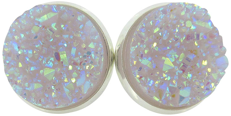 Silver-tone Lilac Purple Faux Druzy Stone Stud Earrings 12mm
