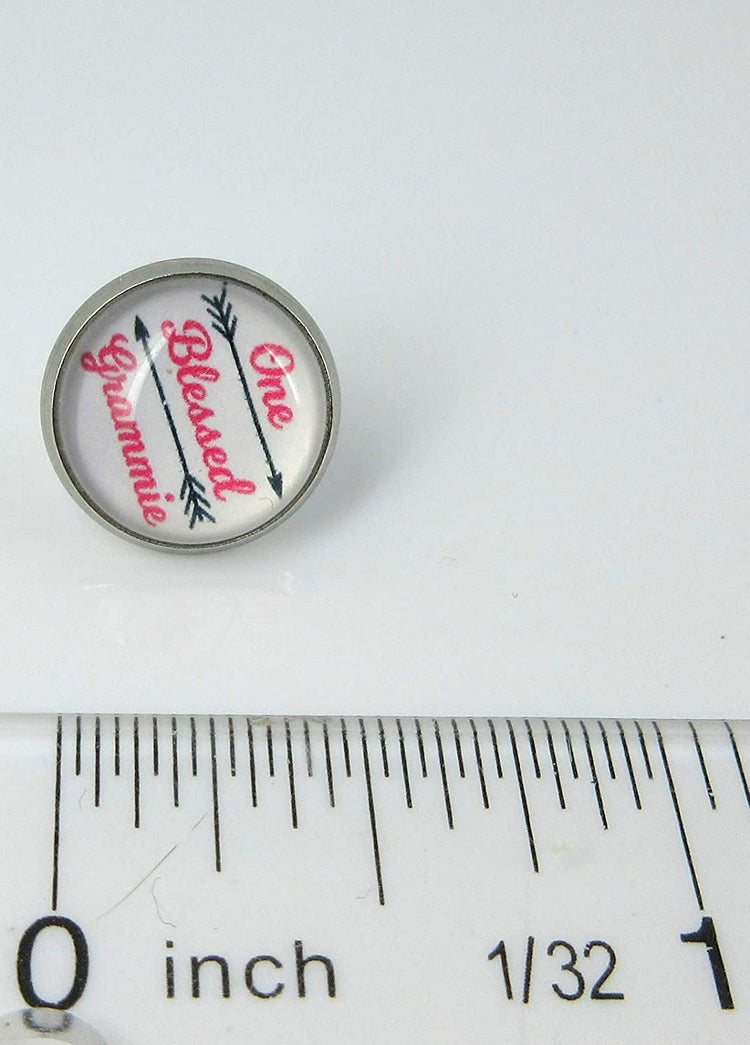 Stainless Steel One Blessed Grammie Print Glass Stud Earrings 12mm