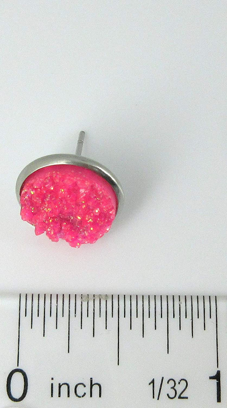 Stainless Steel Neon Pink Orange Yellow Green Faux Glitter Druzy Stone 8mm Stud Earrings Set
