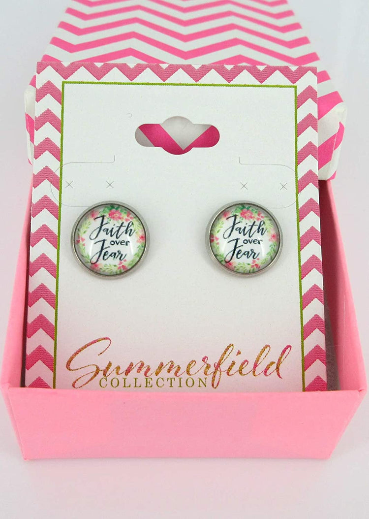 Stainless Steel Faith Over Fear Print Glass Stud Earrings 12mm