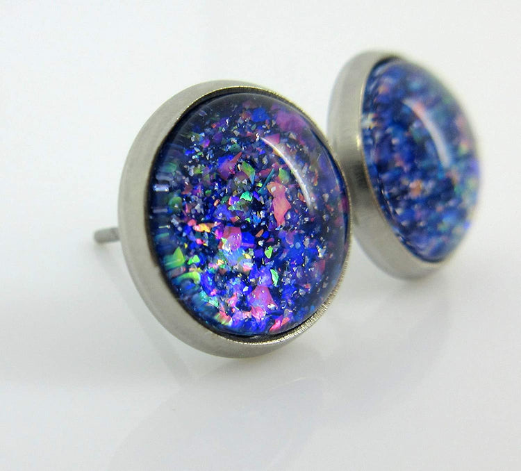 Stainless Steel Blue Purple Pink Glitter Glass Stud Earrings Hand-painted 10mm