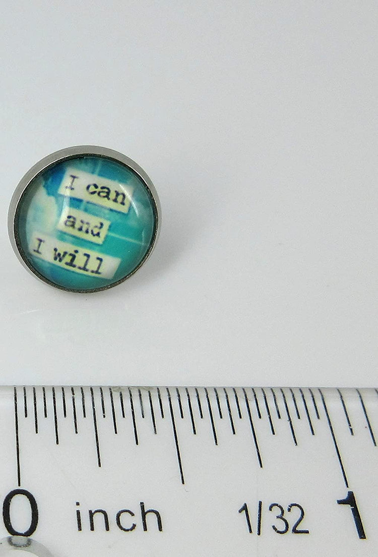 Stainless Steel I Can and I Will Print Glass Stud Earrings 12mm Blue