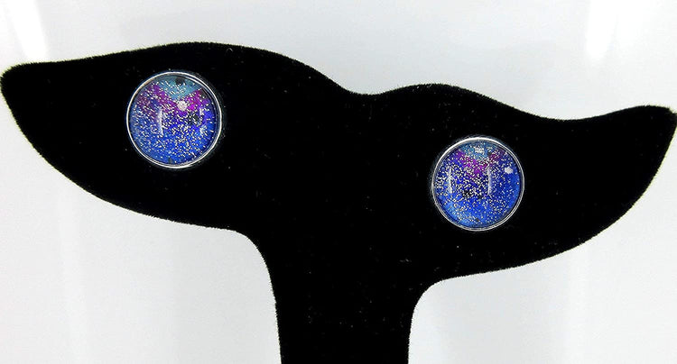 Silver-tone Glitter Glass Galaxy 12mm Stud Earrings Blue Purple Teal