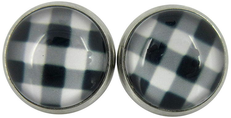 Stainless Steel Buffalo Plaid Print Glass Stud Earrings 12mm