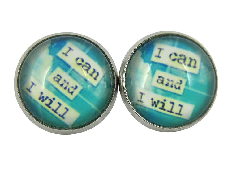 Stainless Steel I Can and I Will Print Glass Stud Earrings 12mm Blue