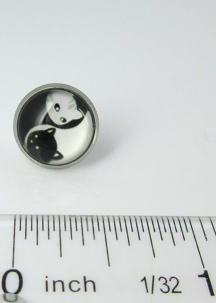 Stainless Steel Black and White Cat Face Yin Yang Print Glass Stud Earrings 12mm