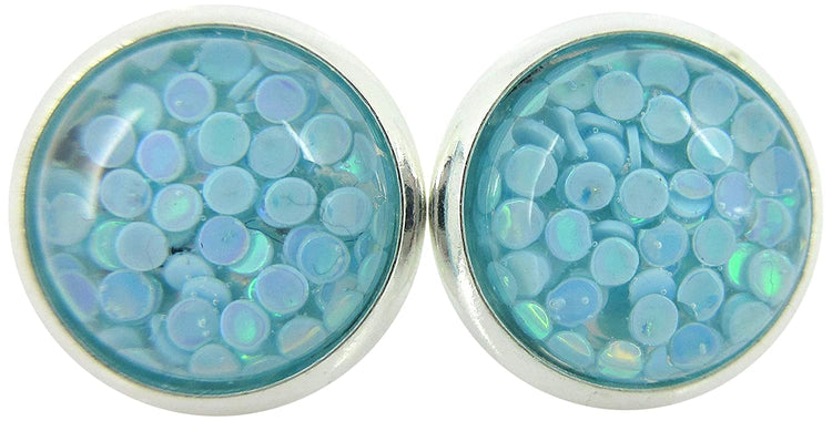 Shiny Silver-tone Iridescent Glitter Resin Stud Earrings 10mm
