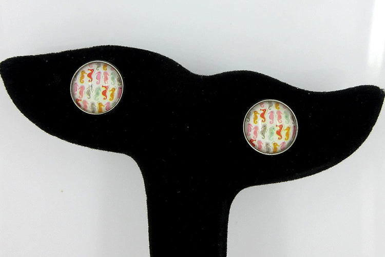 Stainless Steel Colorful Seahorse Print Glass Stud Earrings 12mm