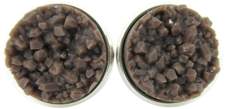 Silver-tone Brown Faux Druzy Stone Stud Earrings 12mm