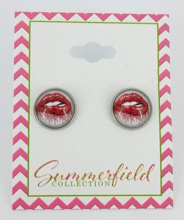 Stainless Steel Lip Bite Print Glass Stud Earrings 12mm White Red Lipstick