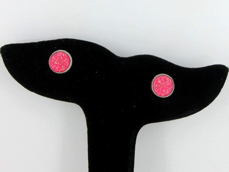 Stainless Steel Neon Pink Orange Yellow Green Faux Glitter Druzy Stone 8mm Stud Earrings Set