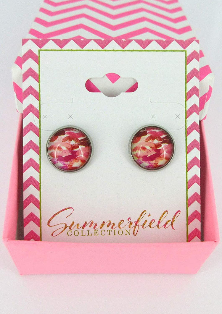 Stainless Steel Lipstick Kisses Camo Print Glass Stud Earrings 12mm White Pink Red