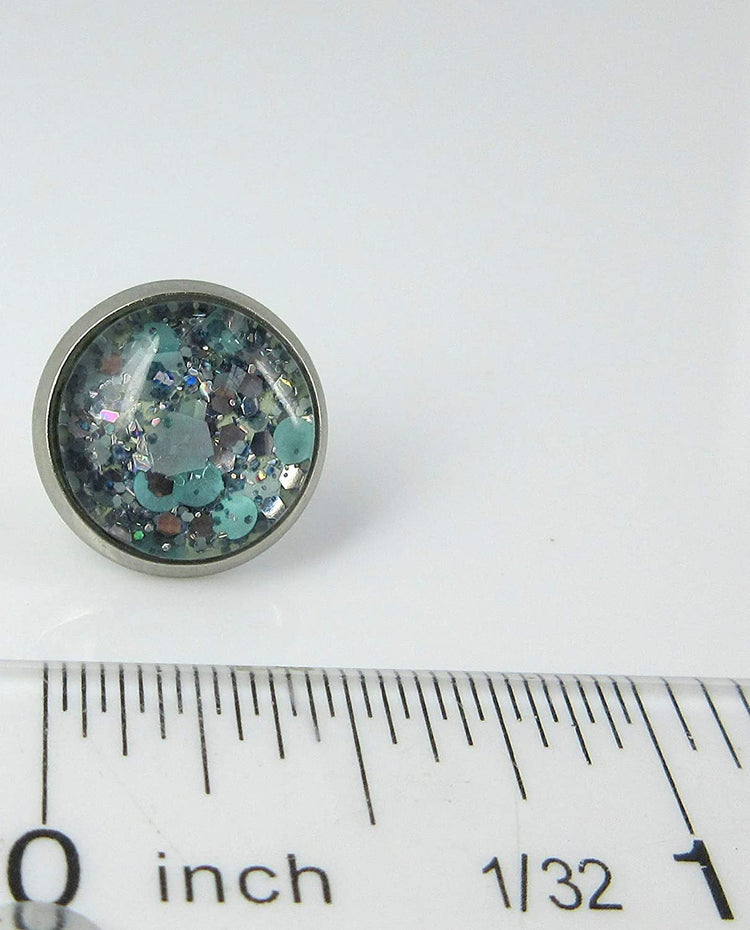 Stainless Steel Mint Green and Silver Glitter Glass Stud Earrings Hand-painted 12mm