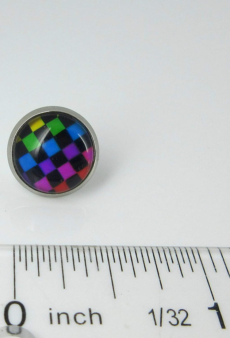 Stainless Steel Rainbow and Black Checkerboard Print Glass Stud Earrings 12mm