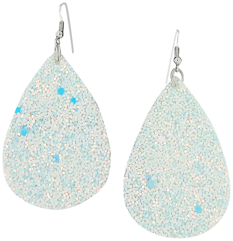 Silver-tone Glitter Faux Leather Large Teardrop Dangle Earrings
