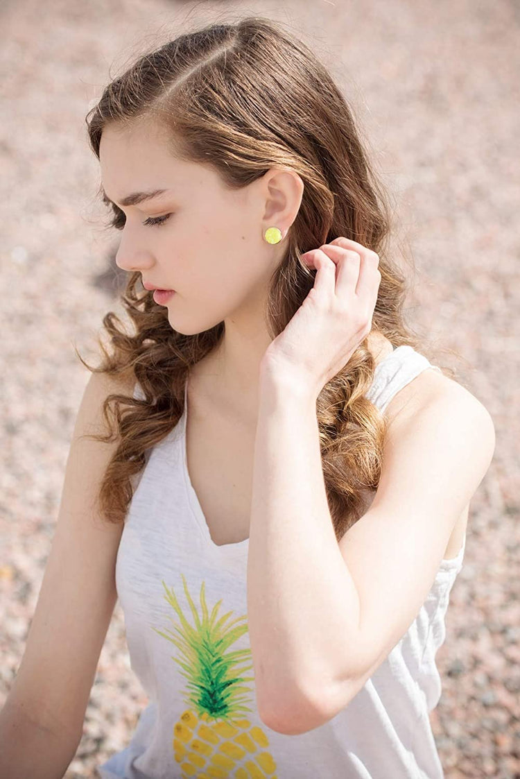 Silver-tone Neon Yellow AB Faux Druzy Stone Stud Earrings 12mm
