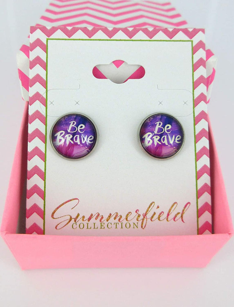 Stainless Steel Be Brave Print Glass Stud Earrings 12mm