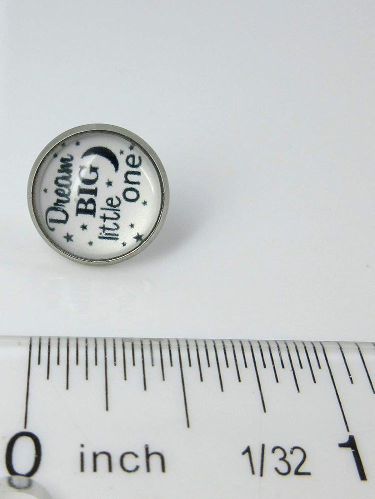 Stainless Steel Dream Big Little One Print Glass Stud Earrings 12mm