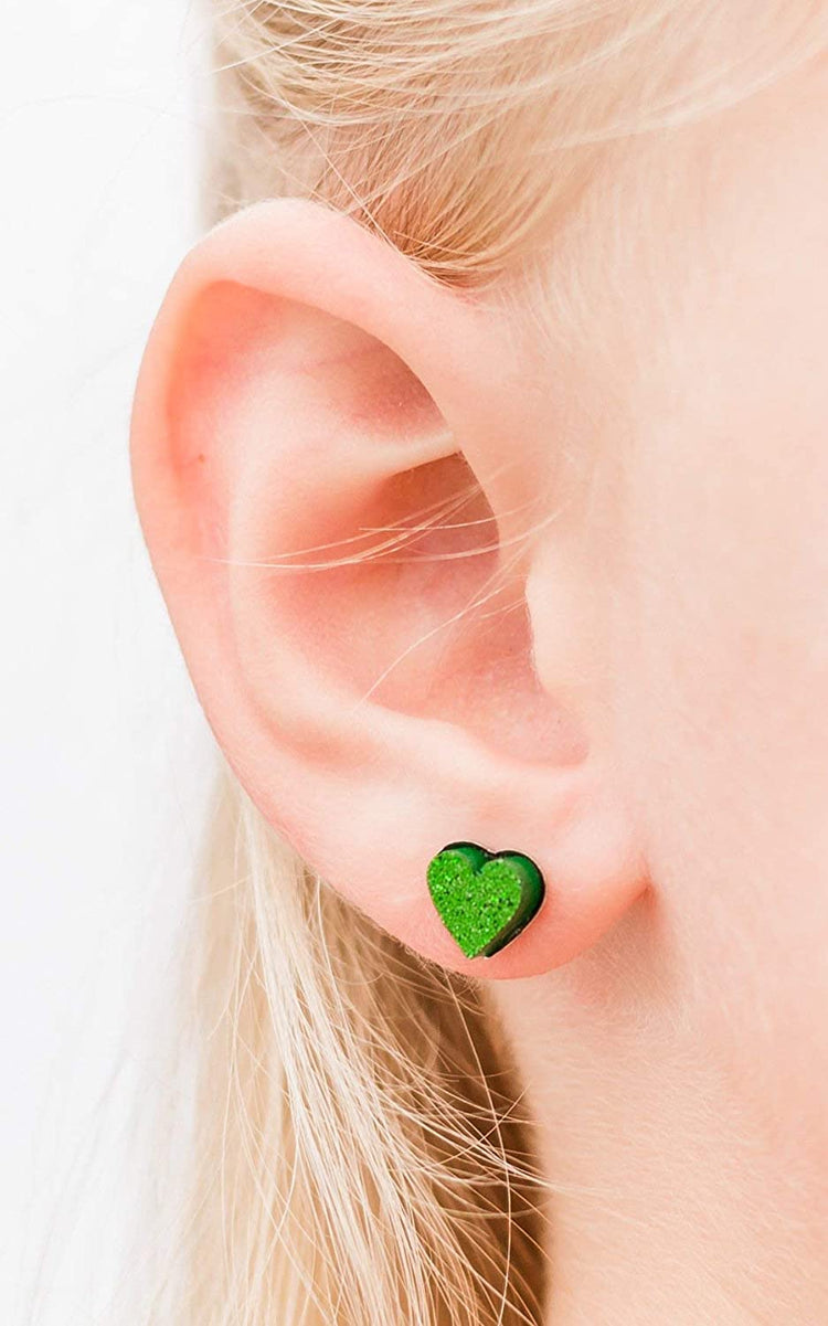 Stainless Steel Shamrock Green Glitter Acrylic Heart Stud Earrings 8mm