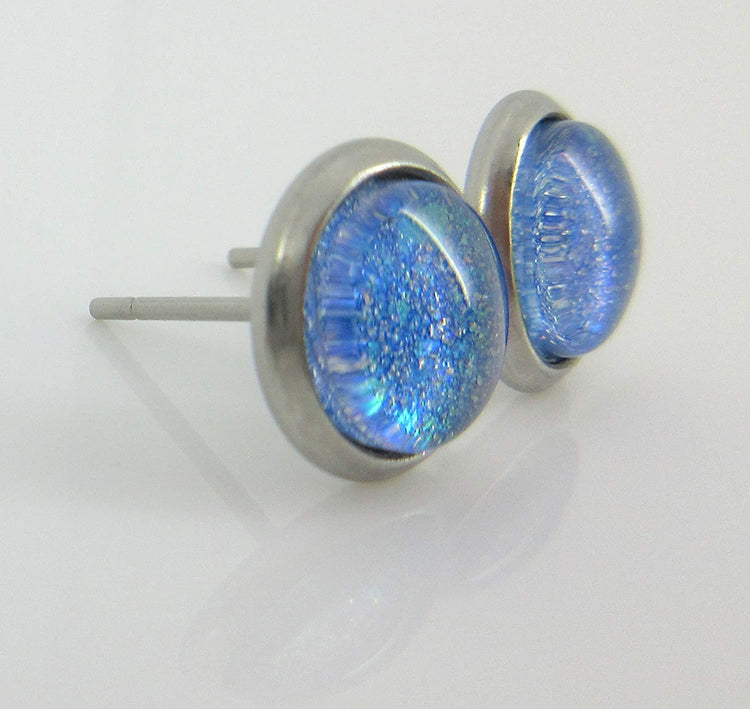 Stainless Steel Sky Blue and Rainbow Glitter Flake Glass Stud Earrings Hand-painted