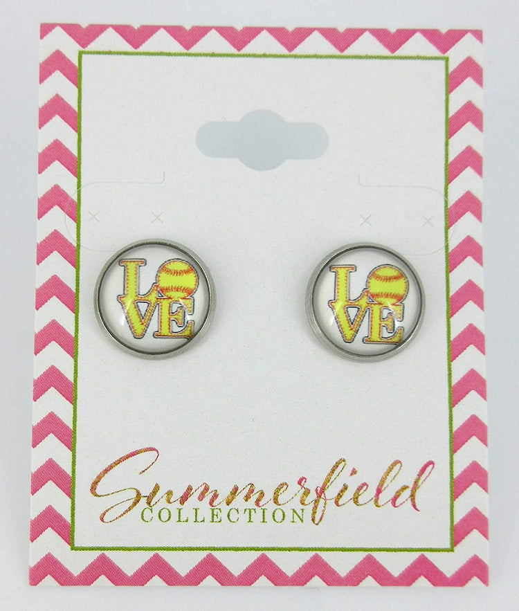 Stainless Steel Love Softball Print Glass Stud Earrings 12mm