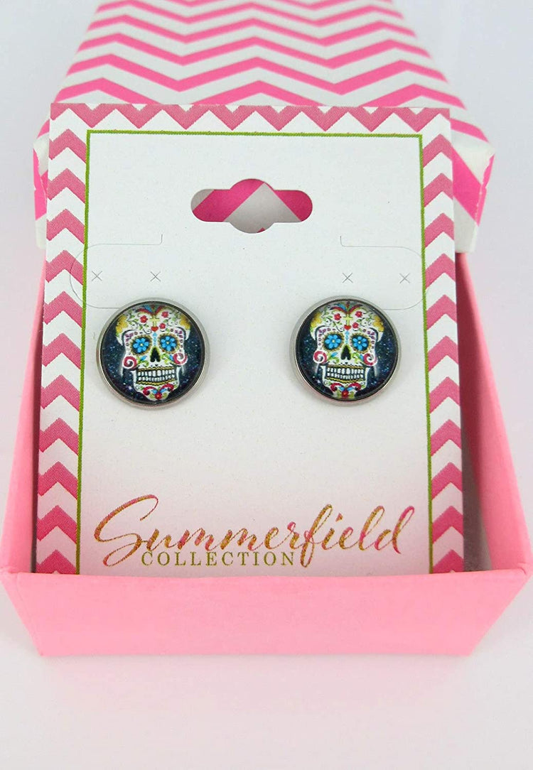 Stainless Steel Black Sugar Skull Printed Glass Stud Earrings 12mm