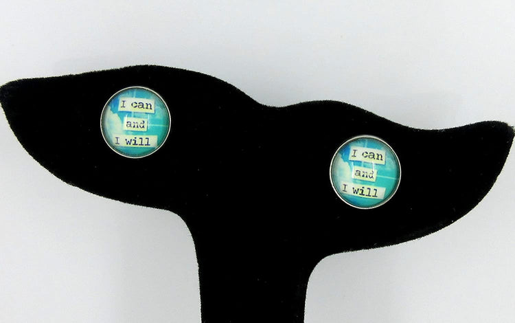 Stainless Steel I Can and I Will Print Glass Stud Earrings 12mm Blue