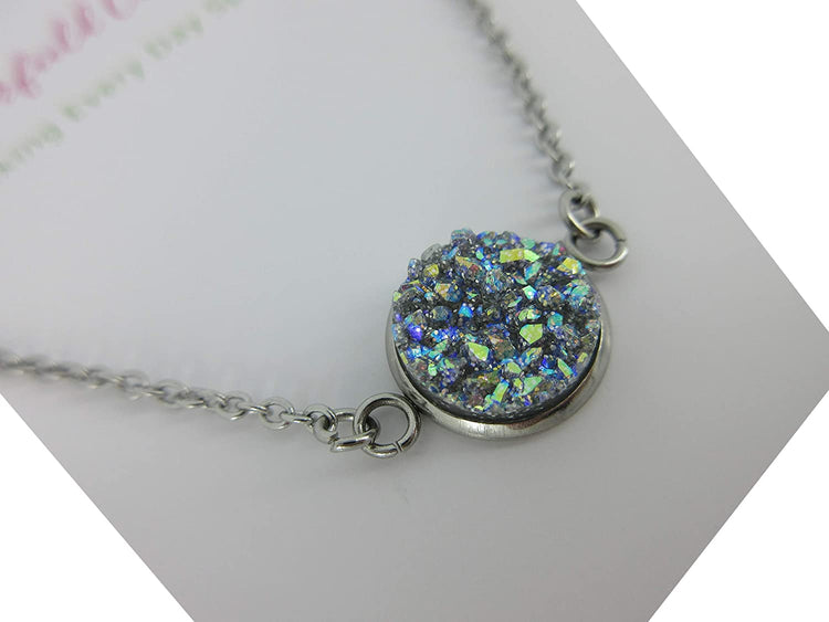 Stainless Steel Frost Blue Gray AB Glitter Faux Druzy Pendant Necklace