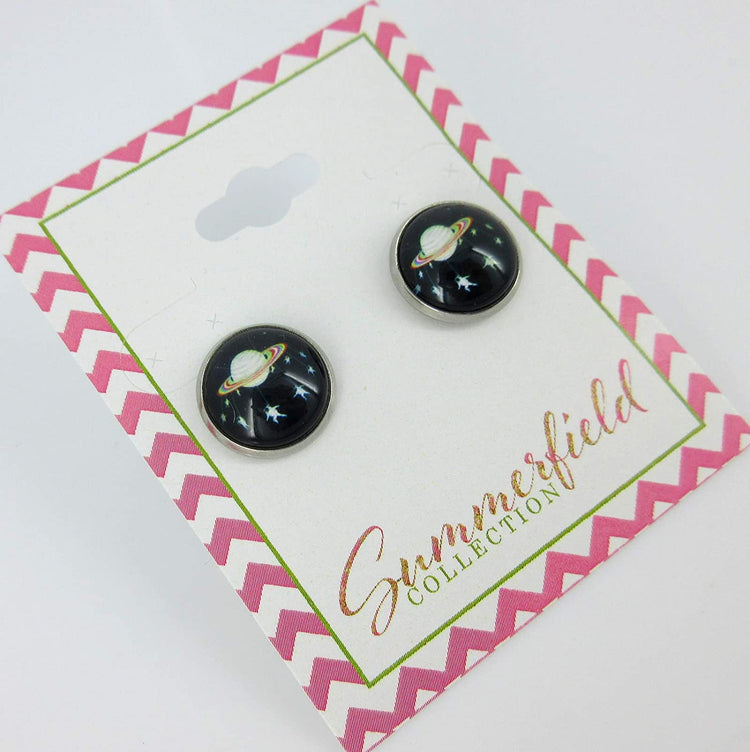 Stainless Steel Black Planet and Star Galaxy Print Glass Stud Earrings 12mm