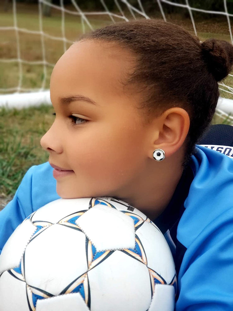 Silver-tone Soccer Ball Print Glass Stud Earrings 12mm