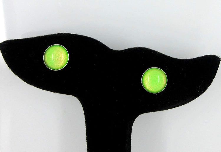 Stainless Steel Neon Green Colorshifting Glitter Glass Stud Earrings Hand-painted 10mm