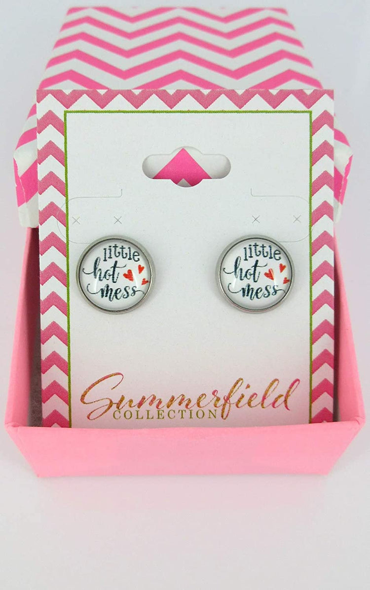 Stainless Steel Hot Mess Print Glass Stud Earrings 12mm