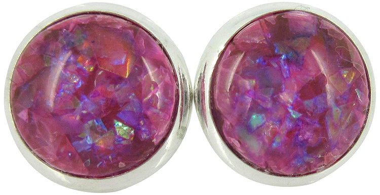 Shiny Silver-tone Opalescent Leaf Resin Stud Earrings 10mm (Cotton Candy Pink)
