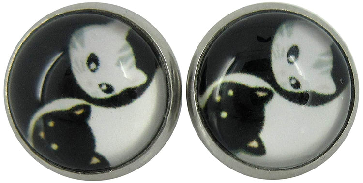 Stainless Steel Black and White Cat Face Yin Yang Print Glass Stud Earrings 12mm