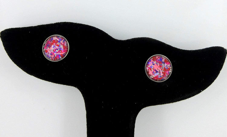 Stainless Steel Pink Purple Red Metallic Shard Glitter Glass Stud Earrings Hand-painted 10mm