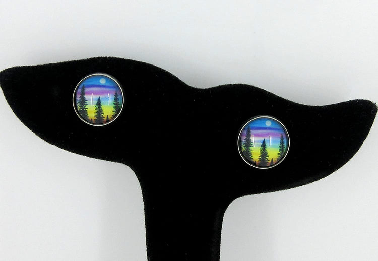 Stainless Steel Forest Rainbow Sunset Print Glass Stud Earrings 12mm