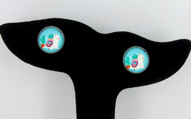 Stainless Steel Aqua Blue Llama and Cactus Print Glass Stud Earrings 12mm