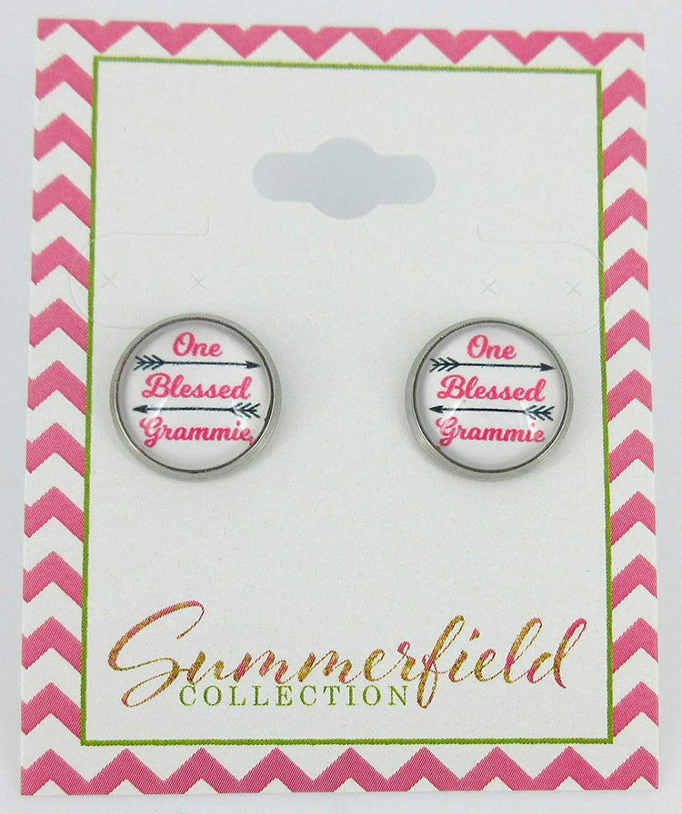 Stainless Steel One Blessed Grammie Print Glass Stud Earrings 12mm