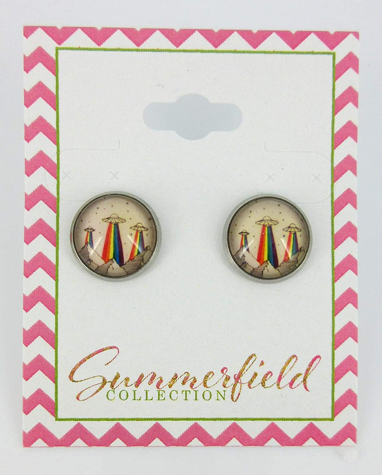 Stainless Steel Rainbow UFO Print Glass Stud Earrings 12mm